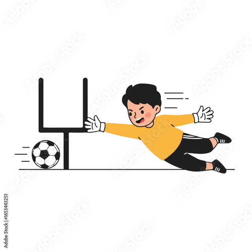 Cartoon illustration of a smiling soccer goalkeeper diving to block a ball in a dynamic motion.