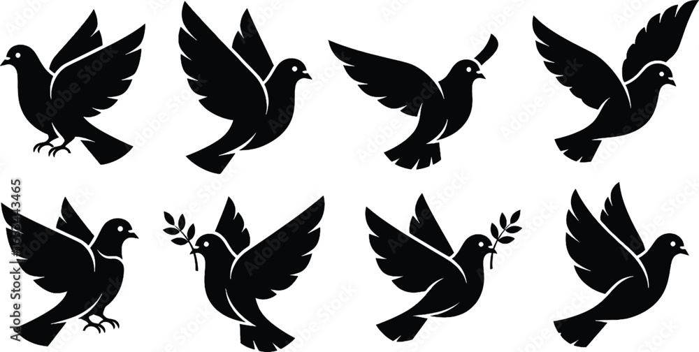Fototapeta premium Silhouetted doves in flight, some carrying olive branches, symbolizing peace and hope.