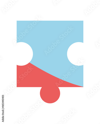 Flat jigsaw puzzle board piece in bold silhouette style. Graphic red and blue puzzle piece for table games or boardgame activities. Fun children toy for hobby and playful entertainment.