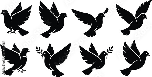 Silhouetted doves in flight, some carrying olive branches, symbolizing peace and hope.