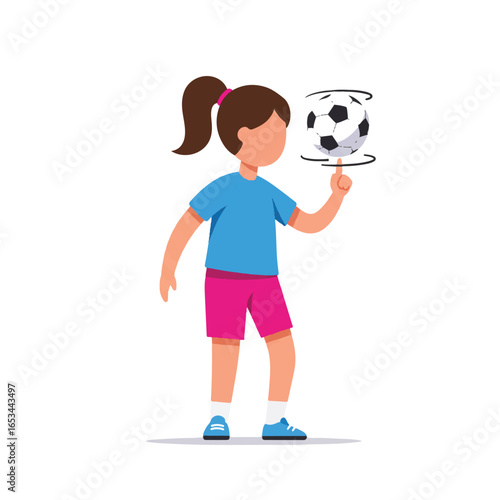 A young girl spinning a soccer ball on her finger in a playful pose