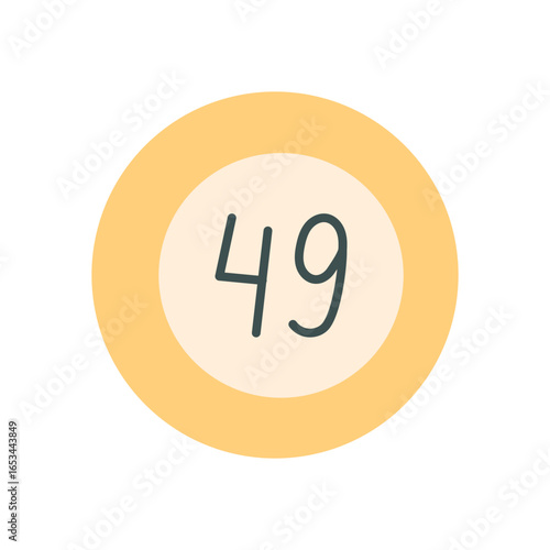 Flat bingo lotto game ball with simple yellow border and pale center. Fun number for boardgame or table play. Entertainment and recreation element in playful style for toy games.