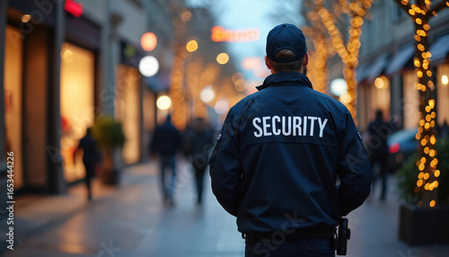 Security officer patrols city street at night, illuminated by festive holiday lights. Guard, wearing dark uniform with SECURITY text, maintains vigilance over shopping area with blurred figures in