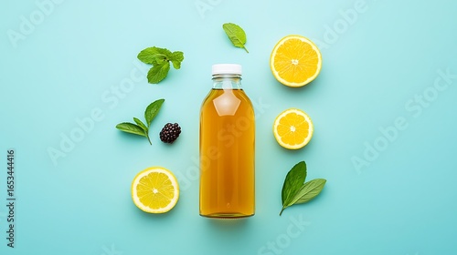 Refreshing iced tea bottle surrounded by citrus and mint on a blue background