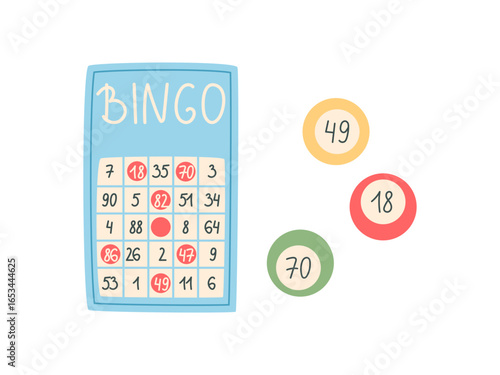 Flat bingo card with colorful counters. Cartoon style piece for family boardgame. Fun and engaging table game for players, combining activity and recreation. Bright playful concept leisure, boardgame