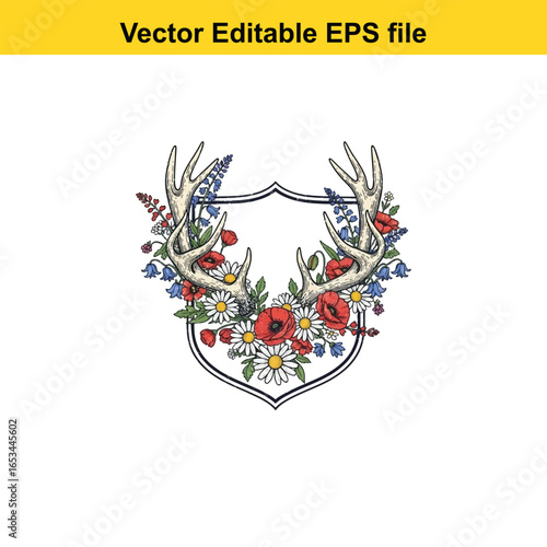 Deer antlers with floral arrangement on shield, isolated on white background