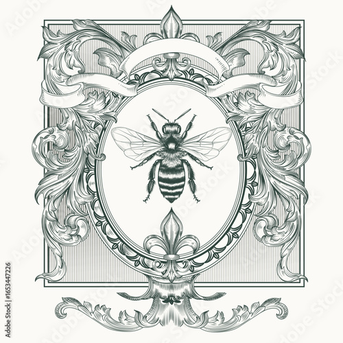 Hand drawn vector frame in vintage victorian style with swirl floral ornaments, retro design with bee