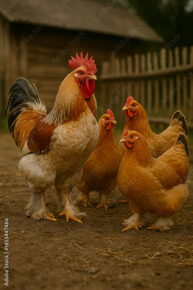 Fototapeta premium AI-generated image of Large Brahma hens and a rooster with feathered legs and impressive size roam around a farmyard.