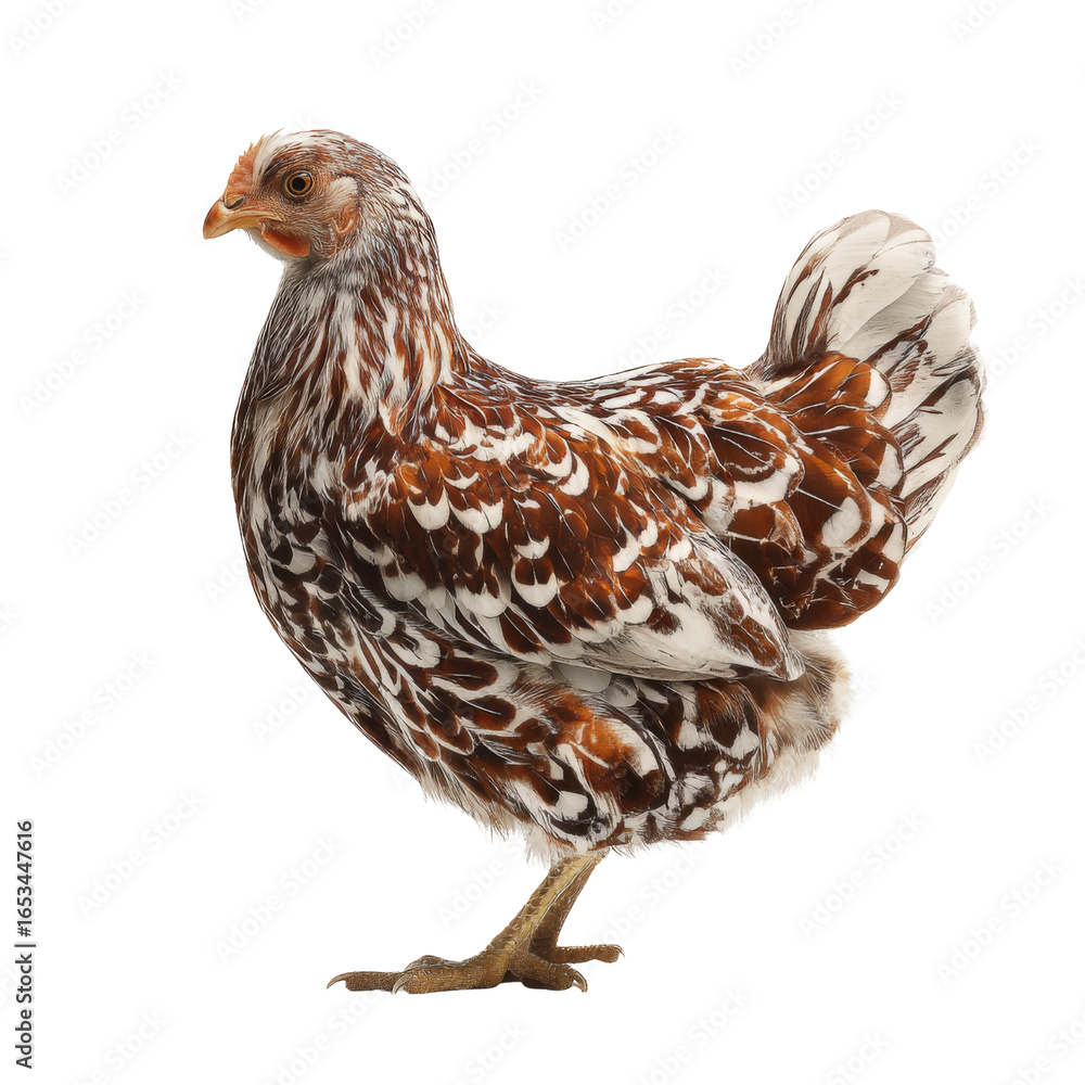 Fototapeta premium colorful hen with intricate feather patterns stands gracefully, showcasing its unique plumage and vibrant colors. This bird represents beauty of farm life and nature