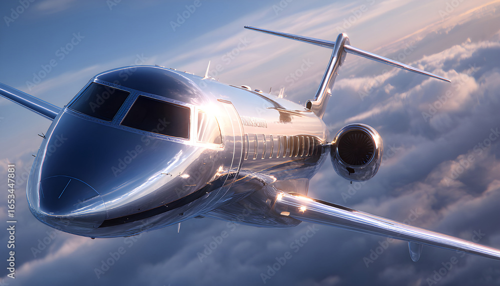 Fototapeta premium Luxury jet exterior detail showing polished engine nacelle and wing design with dramatic sky and sunset light