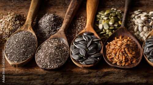 Variety of Seeds in Wooden Spoons on Rustic Wood