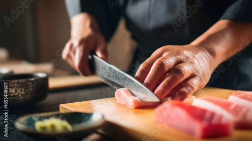 Sushi Chef Precision: Cutting Fresh Tuna for Exquisite Dish