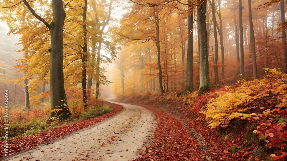 Fototapeta premium Winding dirt road through a vibrant autumn forest path