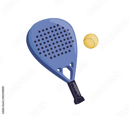 Isolated paddle tennis objects. padel racket. blue professional paddle tennis racket with yellow ball, white background