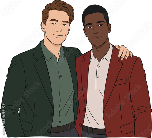 Two men wearing blazers standing together with arm around shoulder friendly gesture casual style portrait vector illustration 