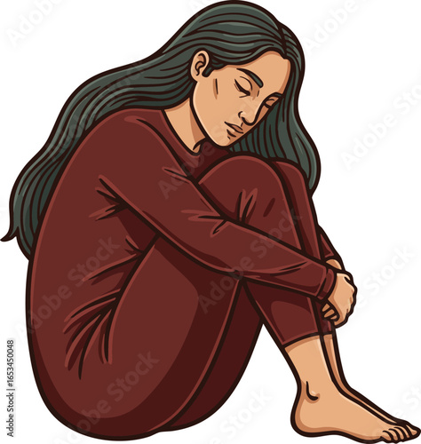 Woman in maroon outfit sitting curled up with long dark hair in thoughtful pose vector illustration 