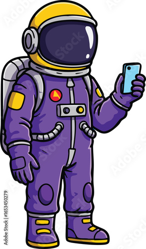 Astronaut in purple and yellow spacesuit holding smartphone vector illustration with detailed helmet and life support backpack 