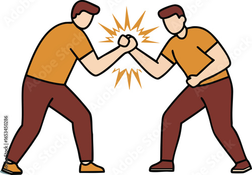 Two men competing in arm wrestling contest with orange and brown clothing vector illustration 