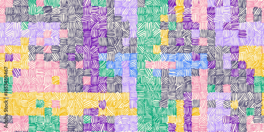 Naklejka premium Hand drawn vector seamless pattern. Doodle, uneven artistic hatching in square shapes. Checked artistic modern background.