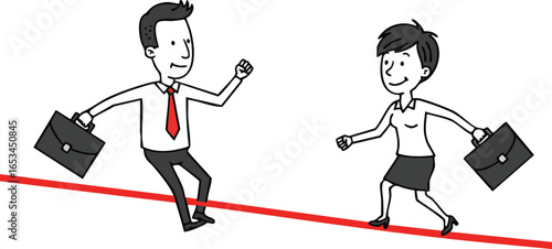 Businessman and businesswoman balancing on red tightrope vector illustration with briefcases walking carefully 