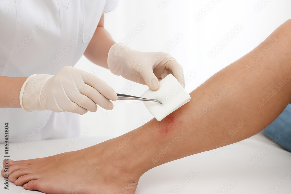 custom made wallpaper toronto digitalNurse treating patient's leg wound with gauze and tweezers in medical setting. concept of healthcare, first aid, wound care.