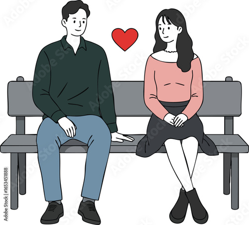 Young couple sitting on bench with red heart symbol above representing love and romance in casual clothing 