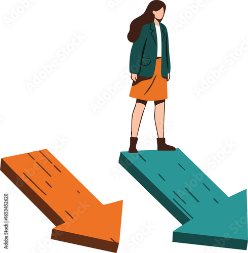 Woman standing on blue arrow deciding between orange and blue arrows in business concept illustration