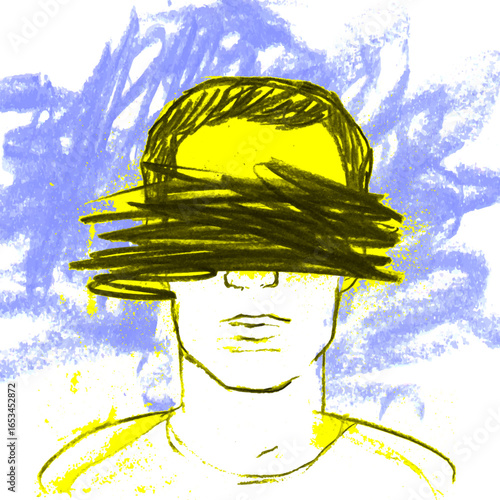 Abstract Illustration of Mental Health Struggles. Obscured Face with Scribbled Eyes