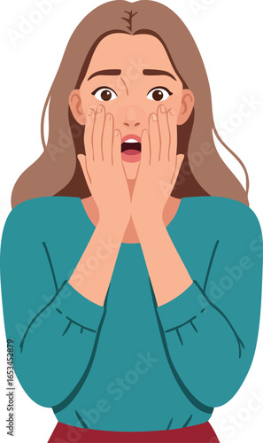 Woman expressing shock and surprise with hands on face in casual teal top vector illustration 