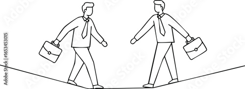 Two business men walking on tightrope carrying briefcases balancing risk and teamwork vector illustration 