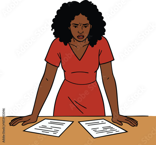 Woman in red dress standing angrily leaning on table with documents vector illustration 