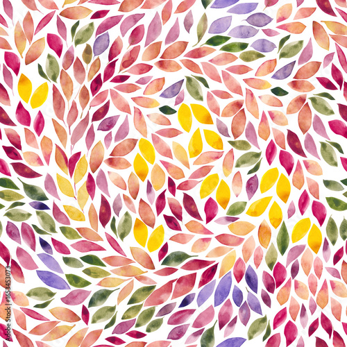 Fotografie Watercolor Leaves Seamless Pattern, Organic Autumn Foliage Repeat, Hand-painted