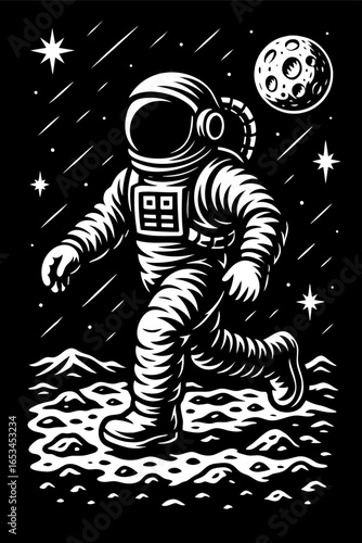 Astronaut walking on the lunar surface under a starry sky