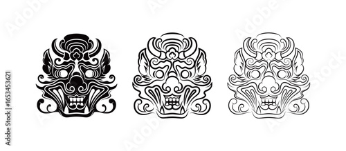 Traditional Korean goblin dokkaebi mask illustration, folklore demon face pattern and cultural heritage art design