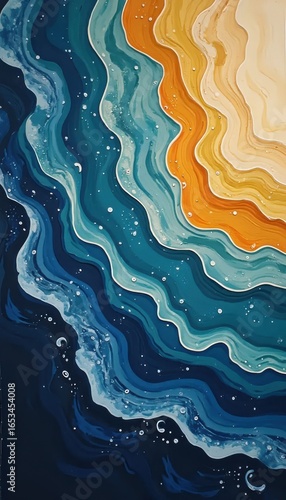 A painting of a blue and orange wave pattern on a black background.
