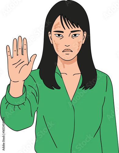 Woman in green shirt showing stop gesture with serious expression vector illustration 