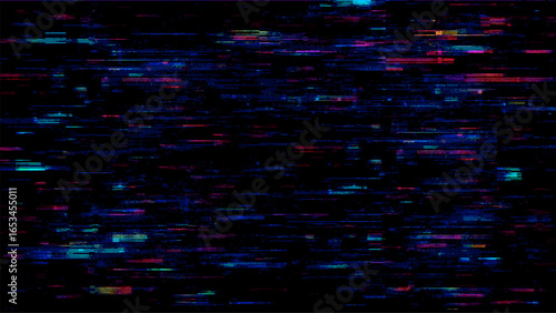 Vibrant glitched digital noise background. Abstract colorful pixelated horizontal lines on black screen. Data stream error concept.