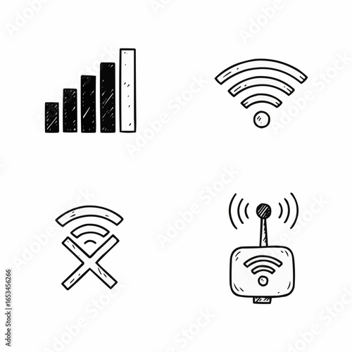 Wireless signal icons in sketch style showcasing connectivity levels  