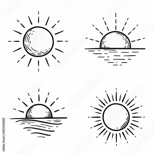 Hand-drawn sun illustrations in various styles and orientations  