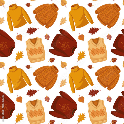 Seamless autumn clothes pattern with fall leaves. Cartoon vector design on white background.