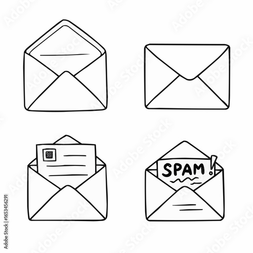 Hand-drawn envelopes with letters and spam message illustration  