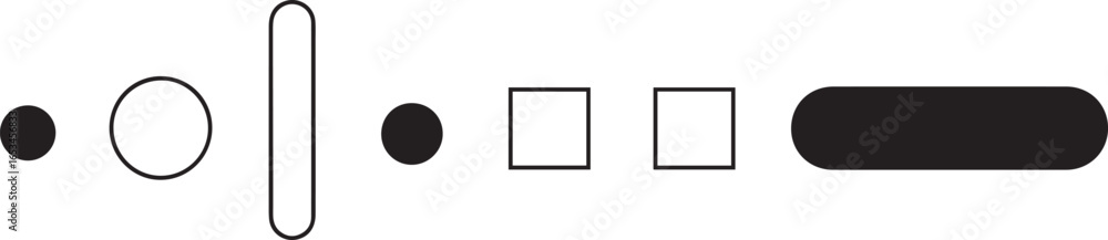 Obraz premium Black and white geometric shapes arranged in a horizontal row against a white background; a simple, flat-lay composition.