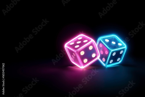 Glowing Neon Dice Floating on Black Background Ideal for Casino Ads and Gaming Night Graphics