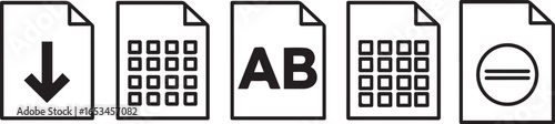 Five grayscale document icons depicting download, spreadsheet, text, table, and delete functions against a white background in a flat-lay composition.