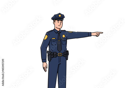 Cartoon Policeman Pointing Direction in Blue Uniform.