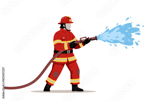 Firefighter in Red Uniform Spraying Water with Hose.