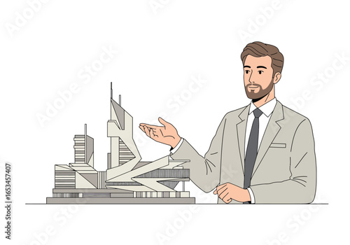Architectural Model Presentation by a Businessman in a Suit.