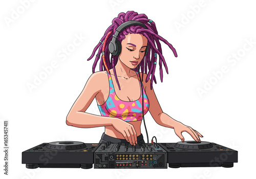 Cartoon DJ Girl with Purple Dreads and Headphones Mixing Music on Turntable.