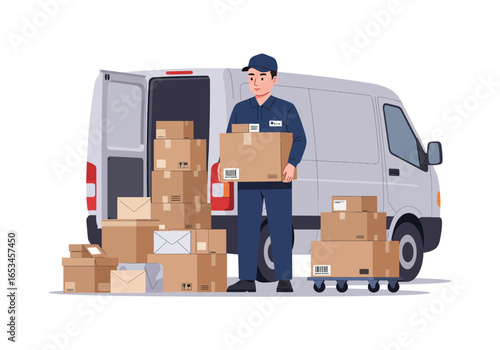 Delivery Man with Packages and Van Logistics Illustration.