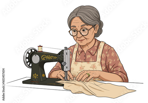 Elderly Woman Sewing with a Vintage Machine Wearing Apron and Glasses.